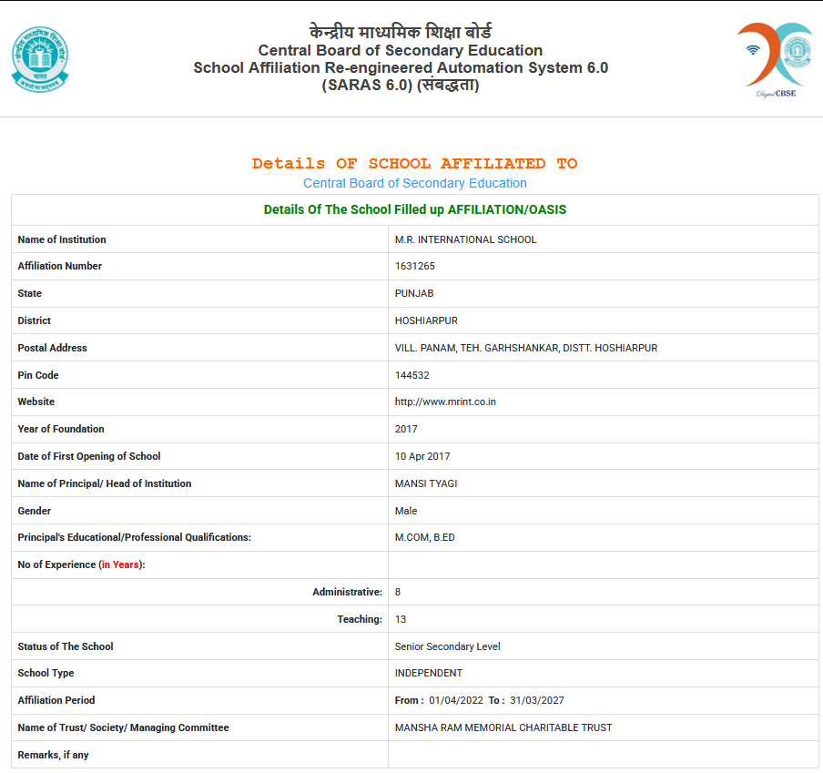 CBSE Affiliation Certificate