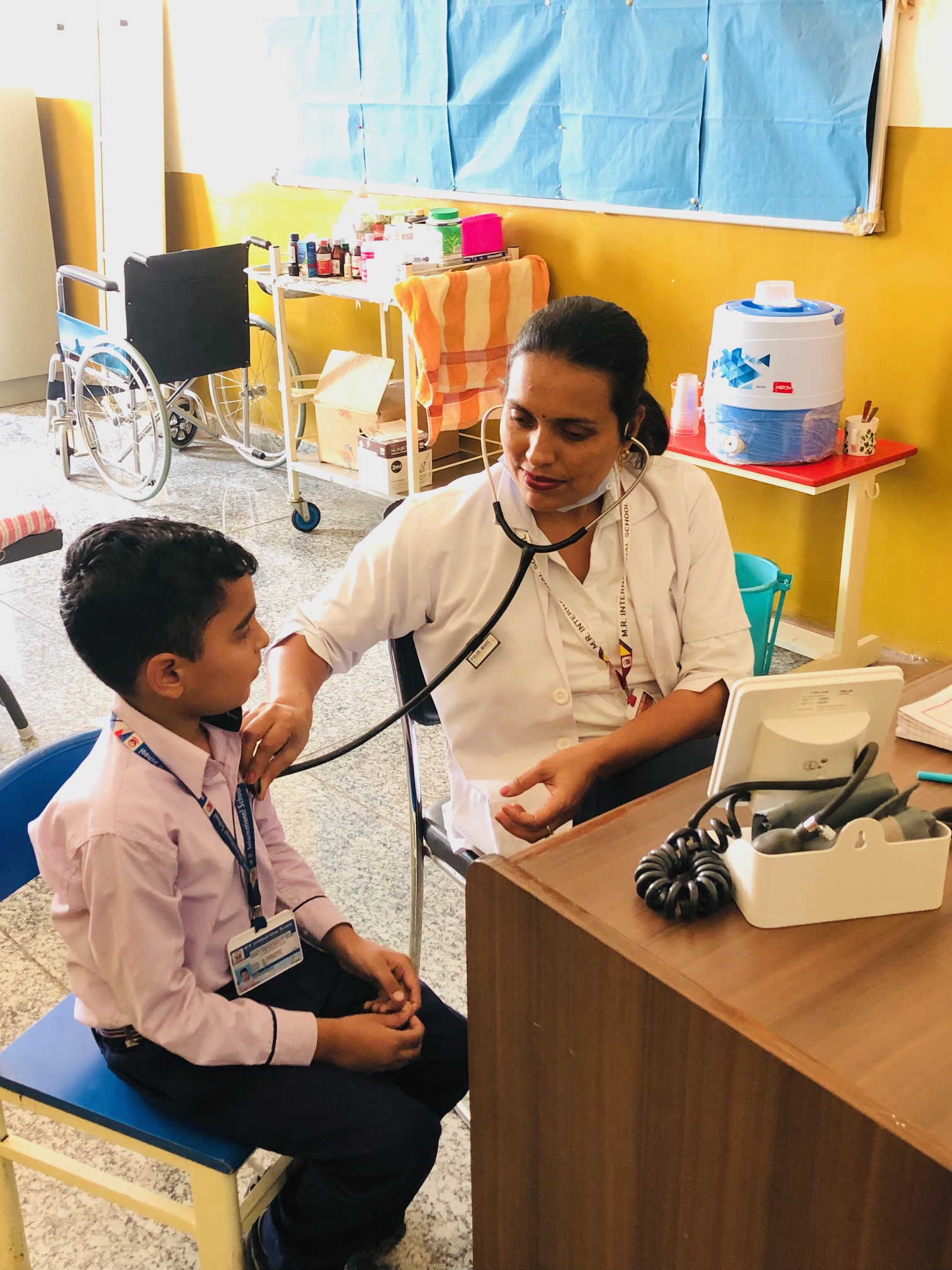 School health room and hygiene check at M.R. International School